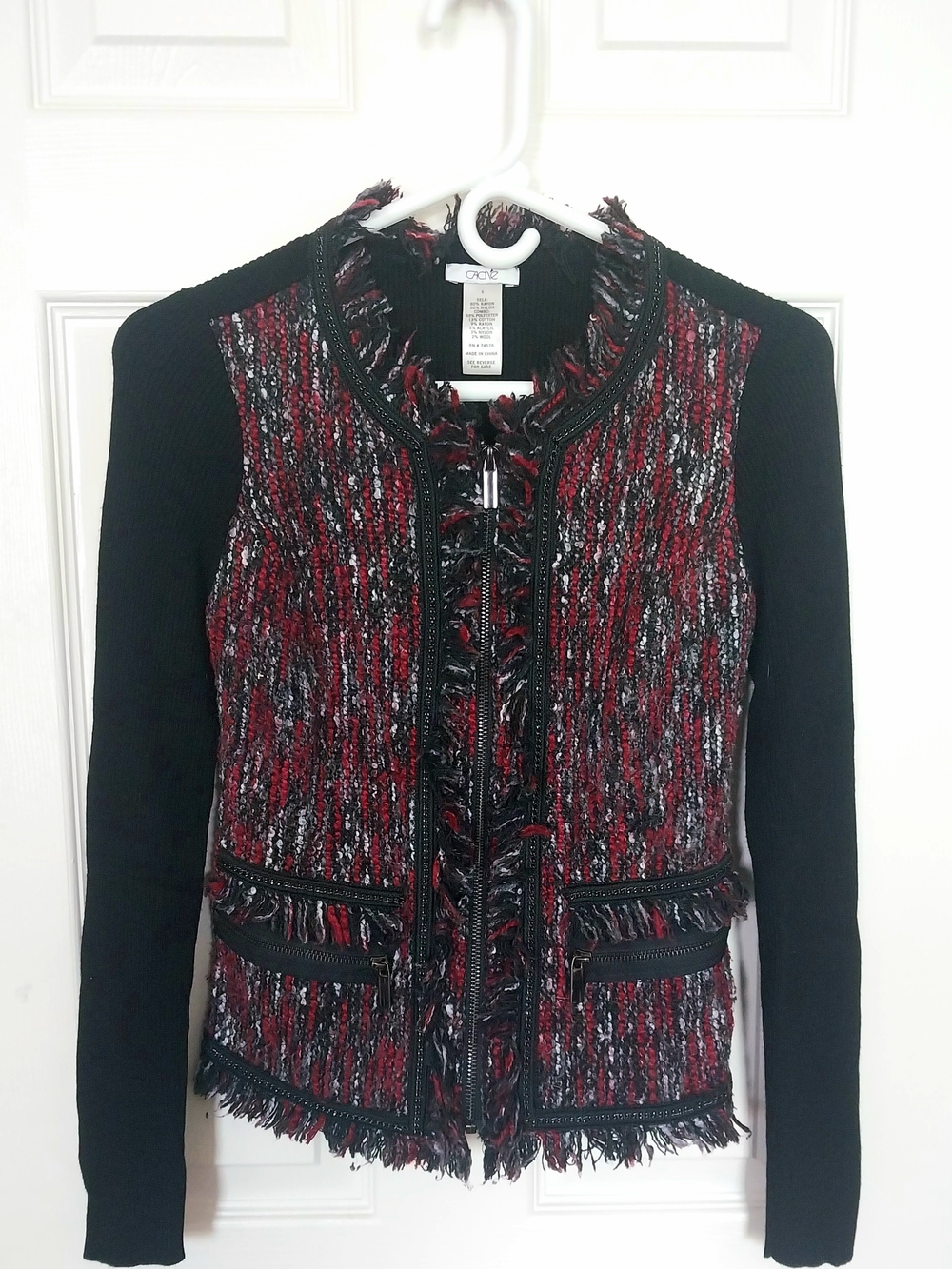 CACHÉ Red & Black Tweed Zip Front Jacket with Knit Sleeves Size Small (4/6)